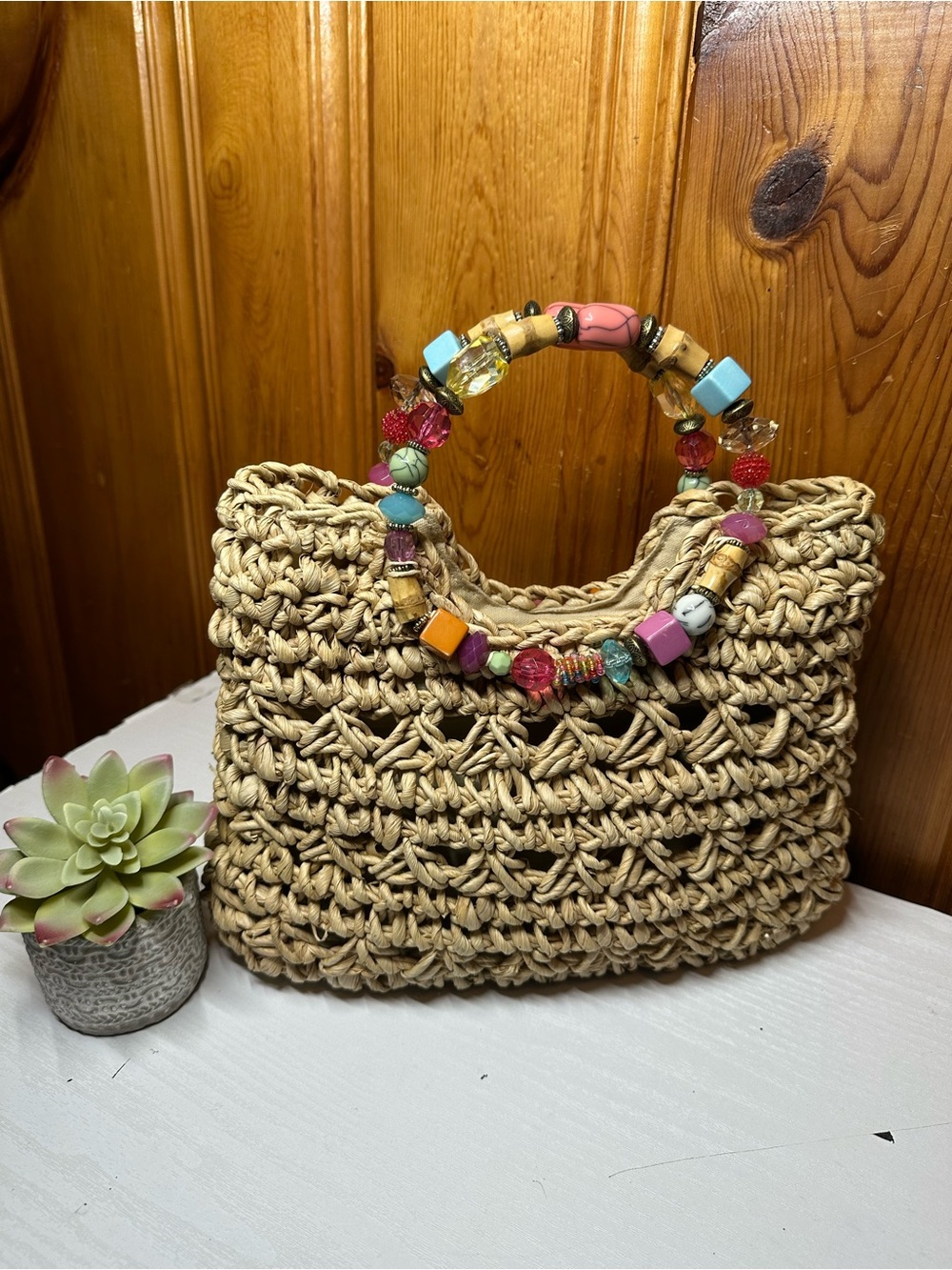 Capelli of New York Natural Straw Tote with Multicolor Beaded Handles